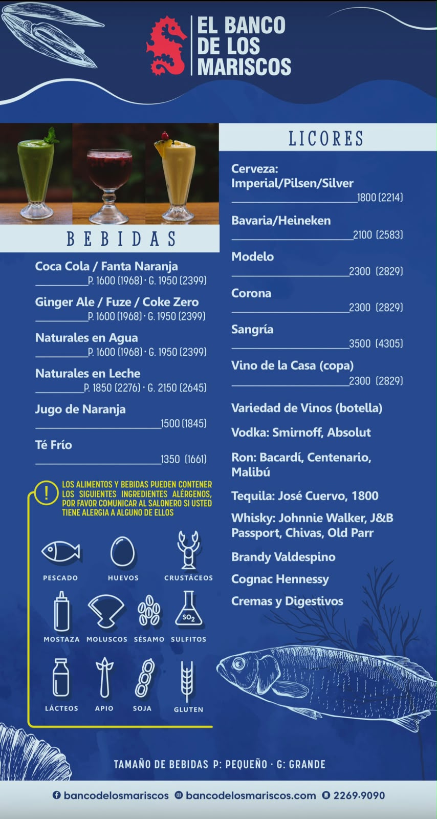 Menú de bebidas y licores