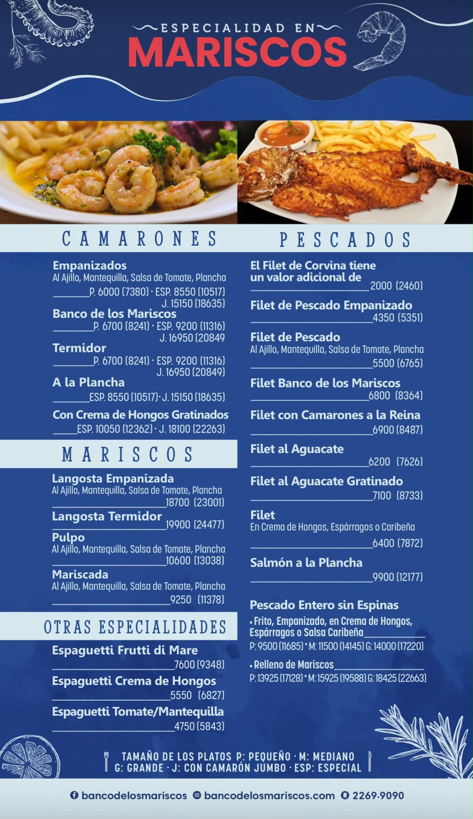 Menú de mariscos y pescados